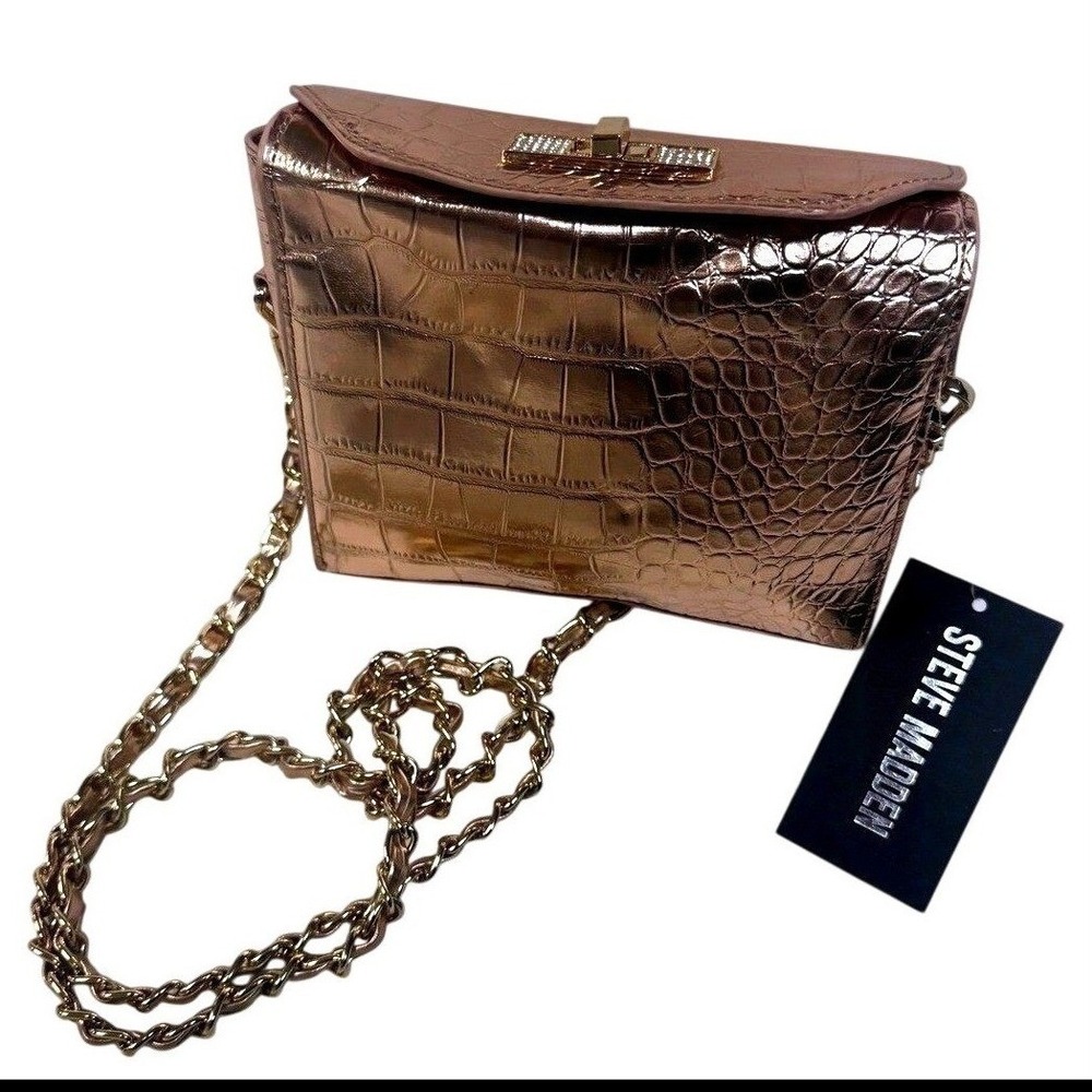Steve Madden Beliza Rose Gold Metallic Croc Top Lock Crossbody Bag Rhinestone